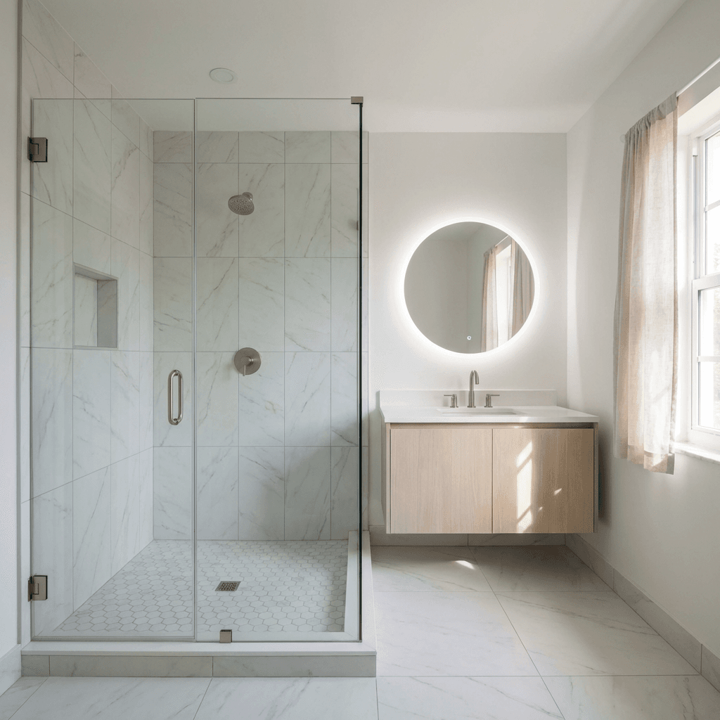 A finished bath in large-format marble-look porcelain