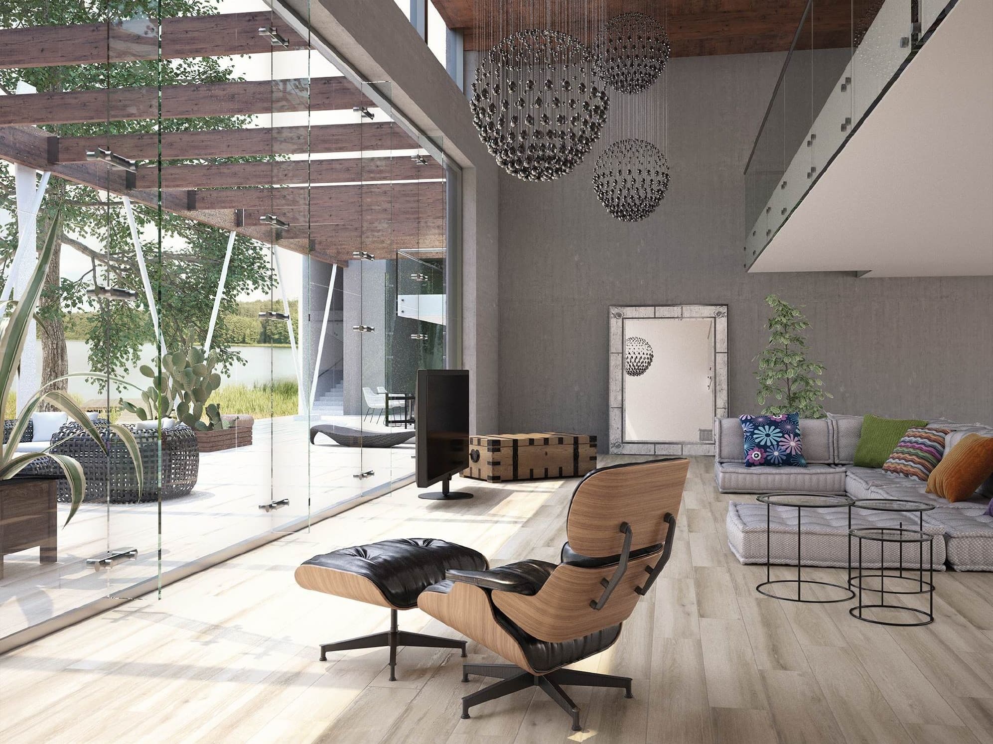 A finished interior with wide-plank flooring