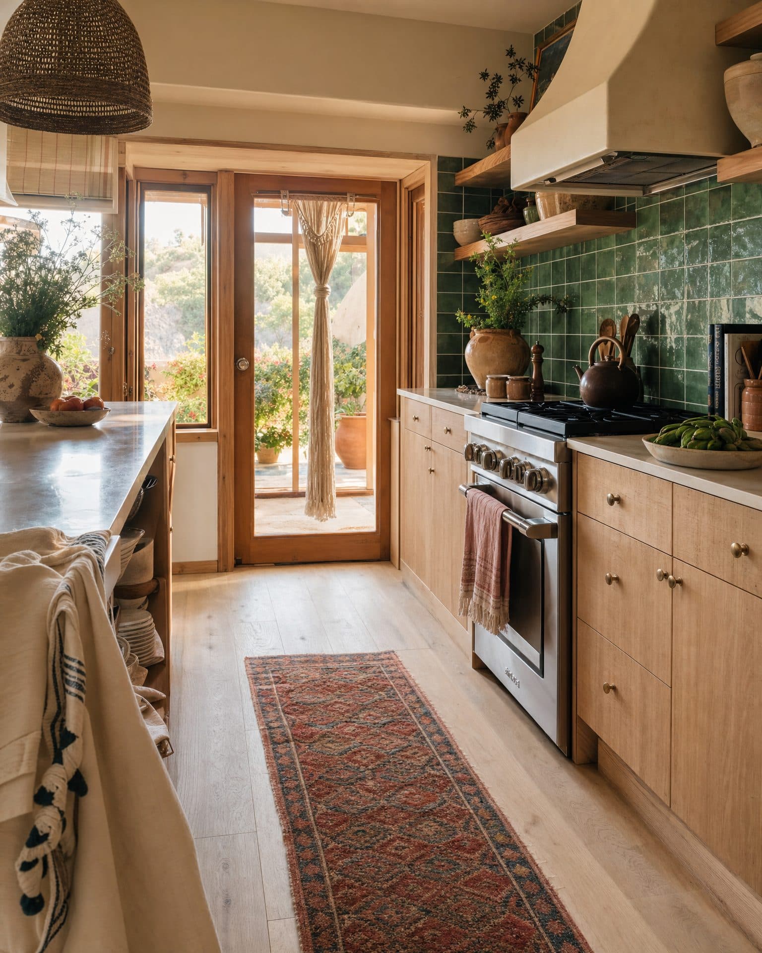 A green-tile kitchen on oak-look plank