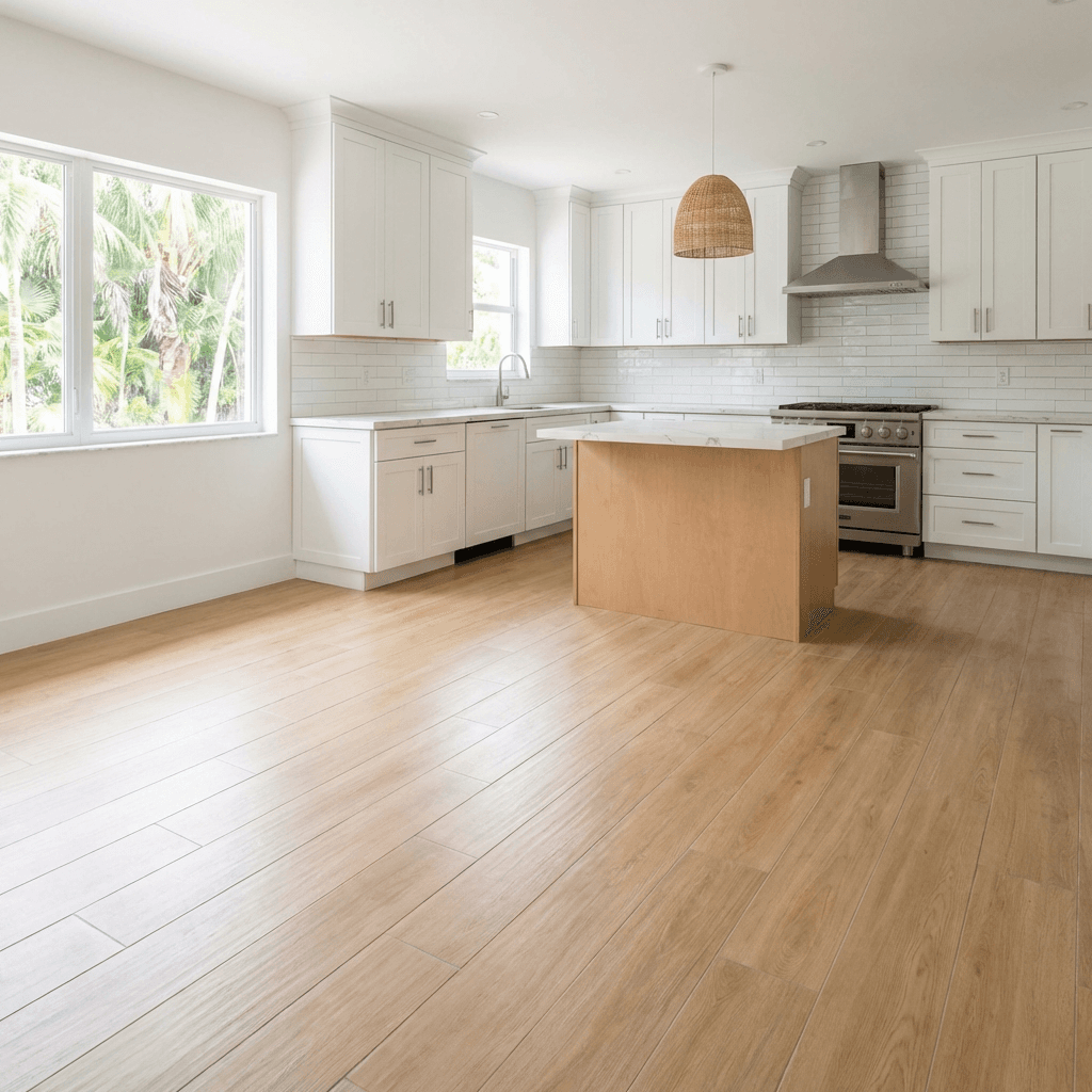 A finished kitchen with warm wide-plank flooring